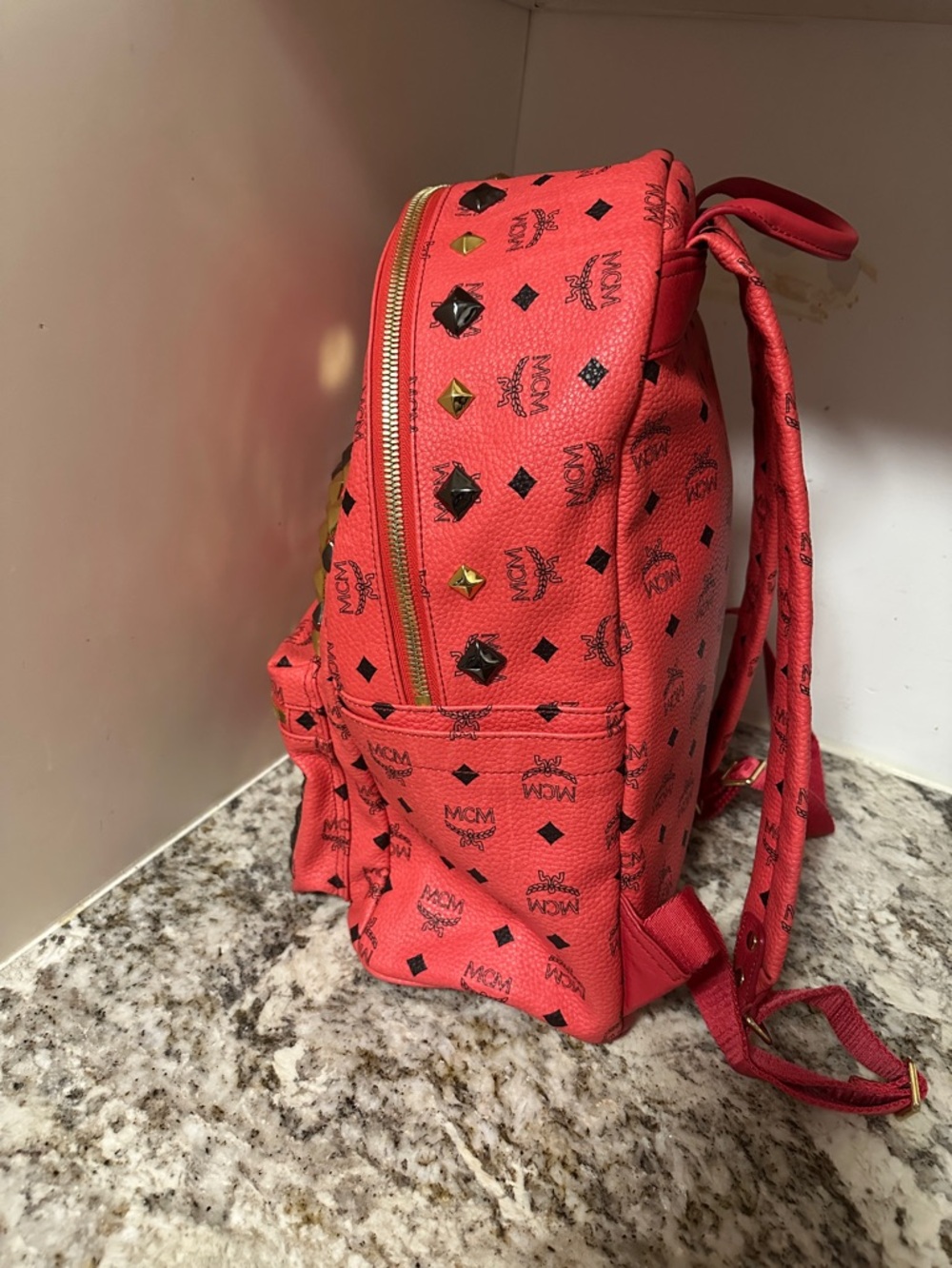 MCM Red Studded Logo Stark Backpack - Picture 3 of 8